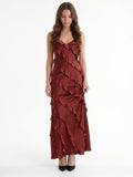 Wine Satin Sheath V-Neck Backless Floor-Length Bridesmaid Dress with Cascading Ruffles - Curvevia