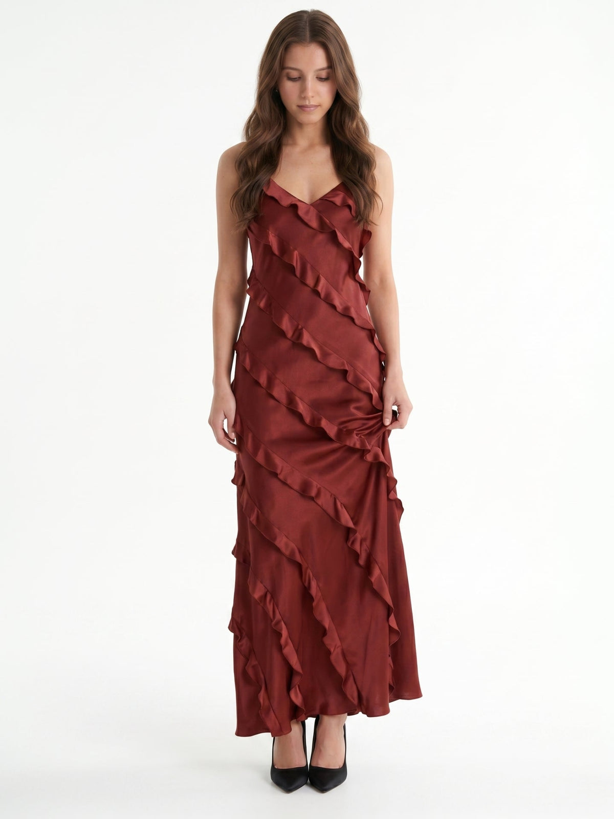Wine Satin Sheath V-Neck Backless Floor-Length Bridesmaid Dress with Cascading Ruffles - Curvevia