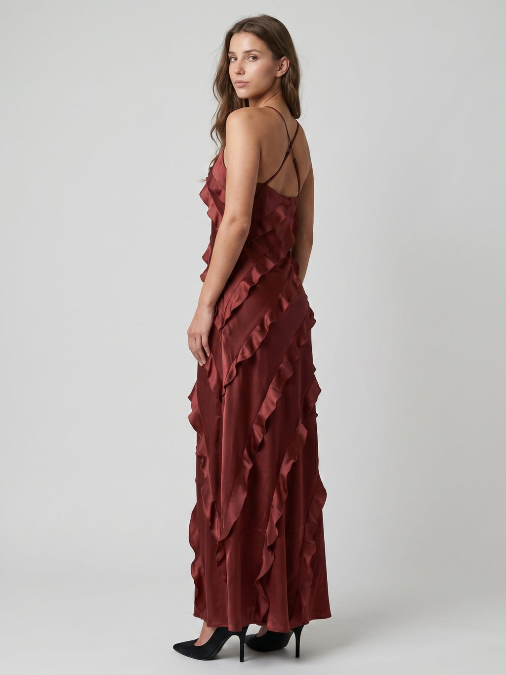Wine Satin Sheath V-Neck Backless Floor-Length Bridesmaid Dress with Cascading Ruffles - Curvevia