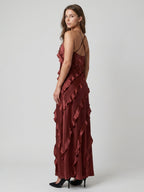 Wine Satin Sheath V-Neck Backless Floor-Length Bridesmaid Dress with Cascading Ruffles - Curvevia
