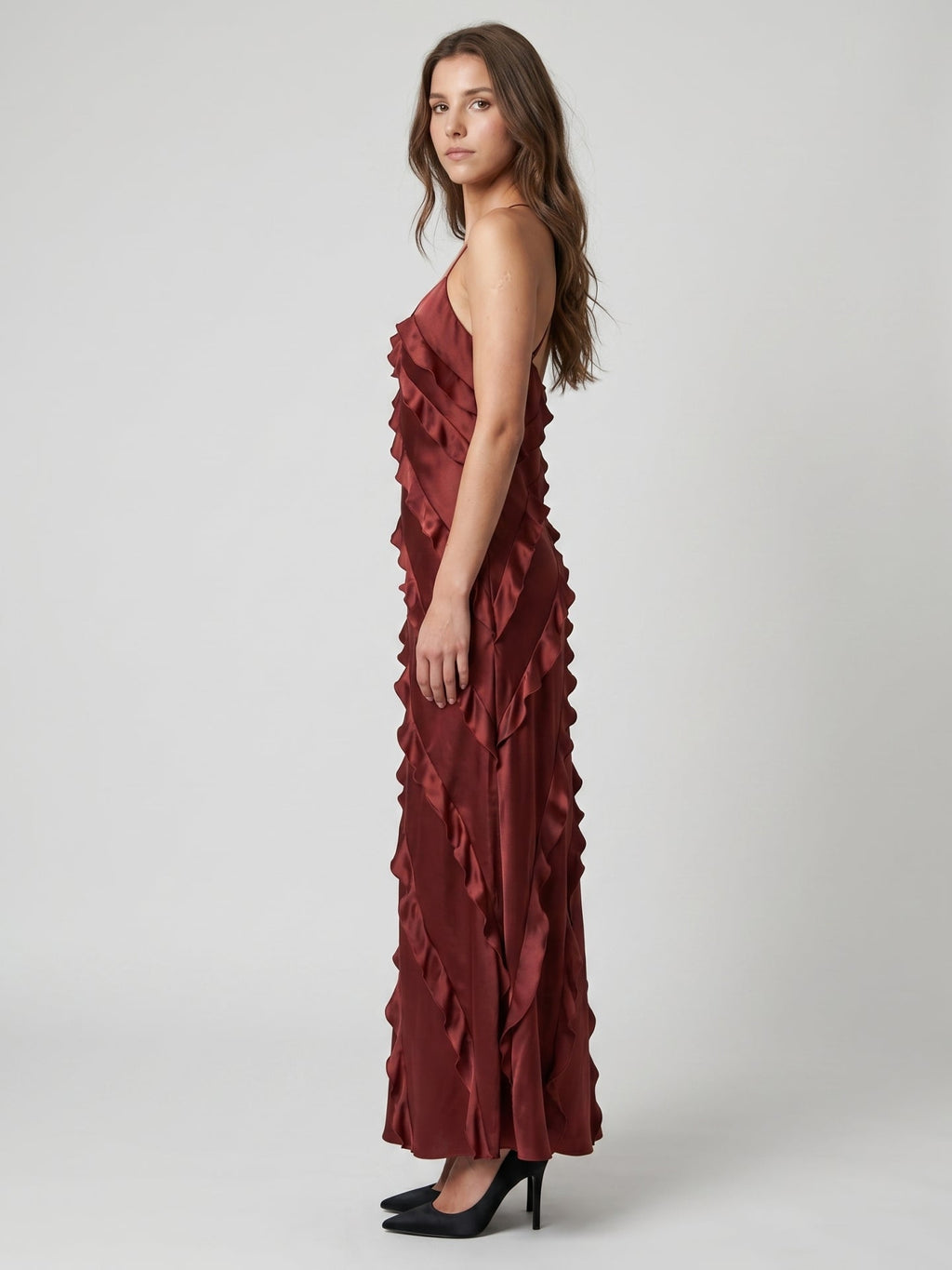 Wine Satin Sheath V-Neck Backless Floor-Length Bridesmaid Dress with Cascading Ruffles - Curvevia