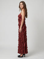 Wine Satin Sheath V-Neck Backless Floor-Length Bridesmaid Dress with Cascading Ruffles - Curvevia