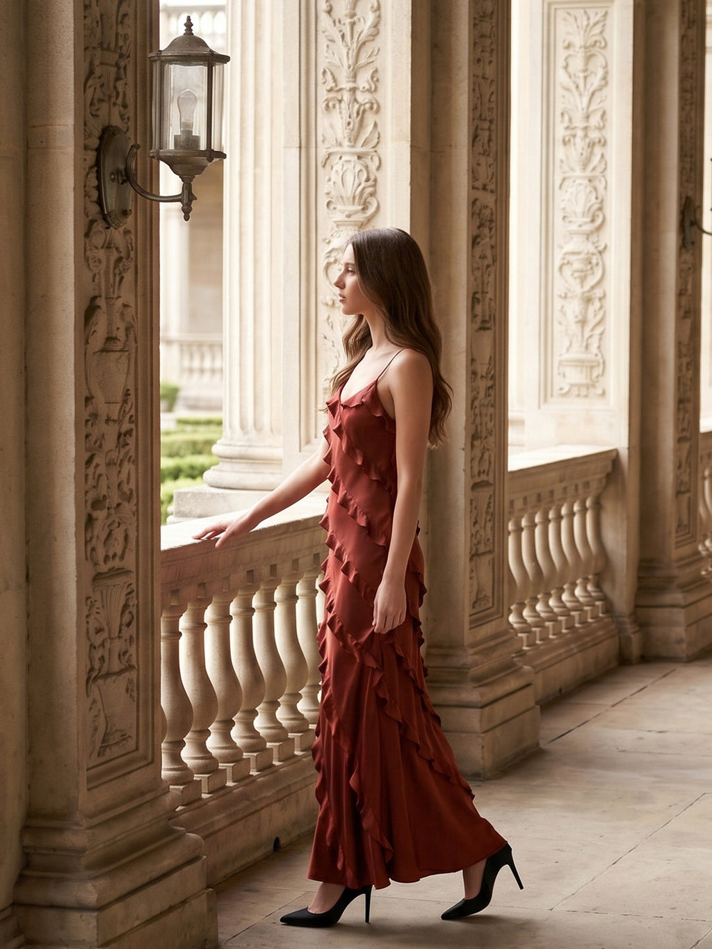 Wine Satin Sheath V-Neck Backless Floor-Length Bridesmaid Dress with Cascading Ruffles - Curvevia