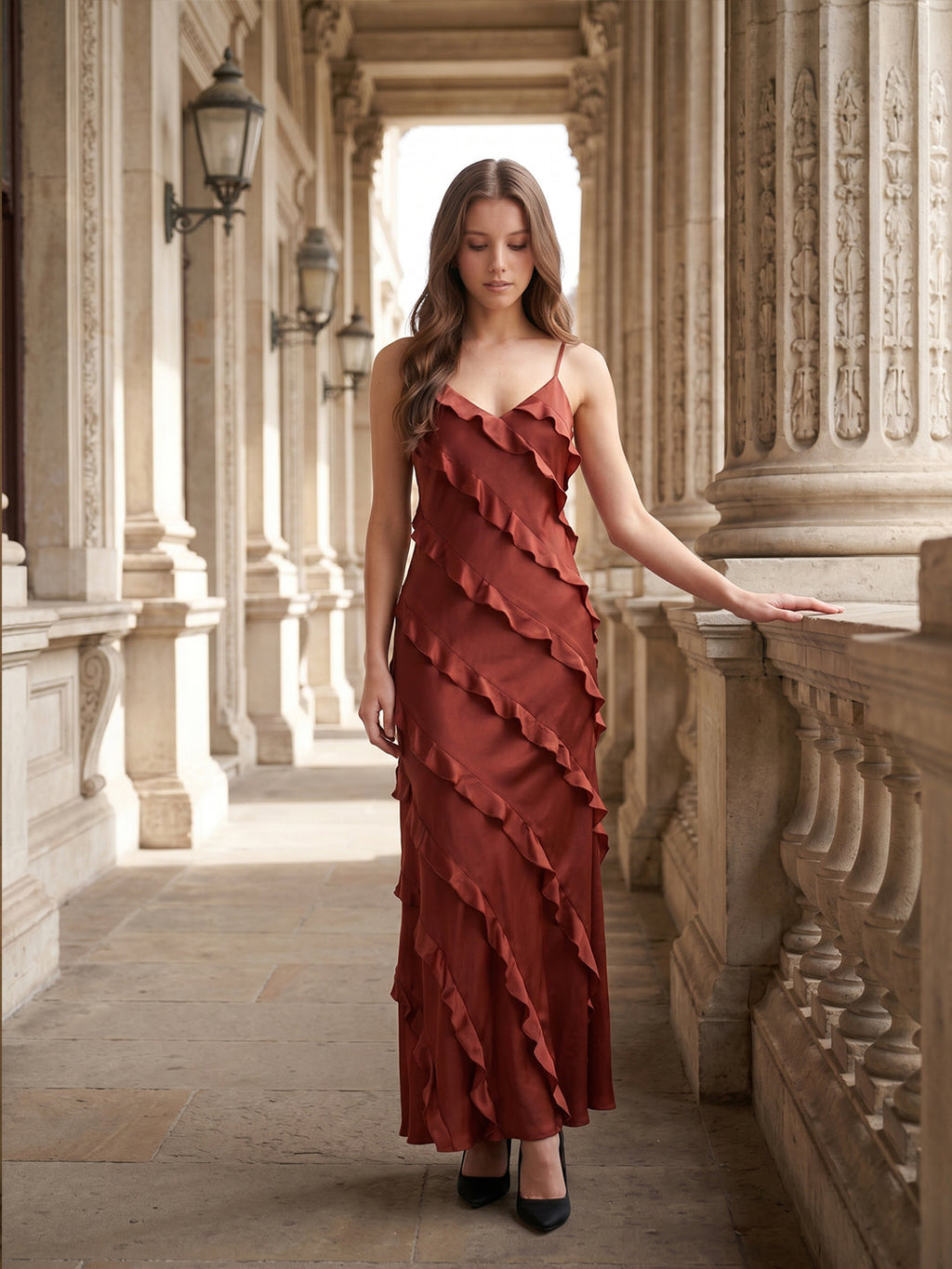 Wine Satin Sheath V-Neck Backless Floor-Length Bridesmaid Dress with Cascading Ruffles - Curvevia