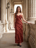 Wine Satin Sheath V-Neck Backless Floor-Length Bridesmaid Dress with Cascading Ruffles - Curvevia
