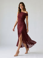 Wine Tulle Trumpet Scoop Neck Side Zip Ankle-Length Evening Dress with Ruffles - Curvevia
