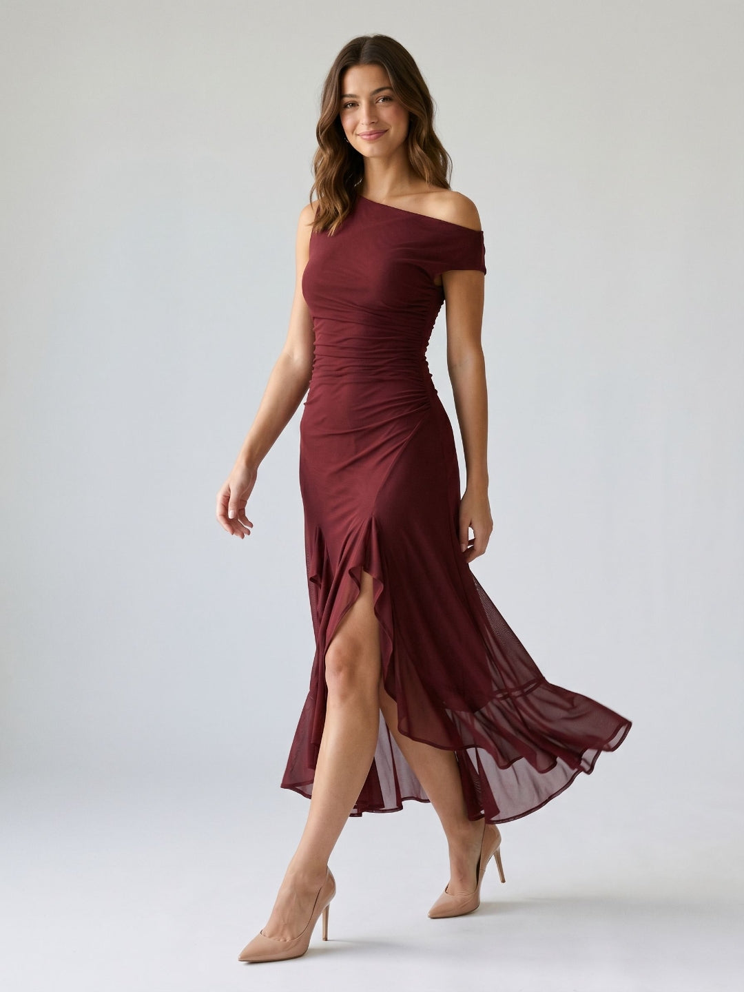 Wine Tulle Trumpet Scoop Neck Side Zip Ankle-Length Evening Dress with Ruffles - Curvevia