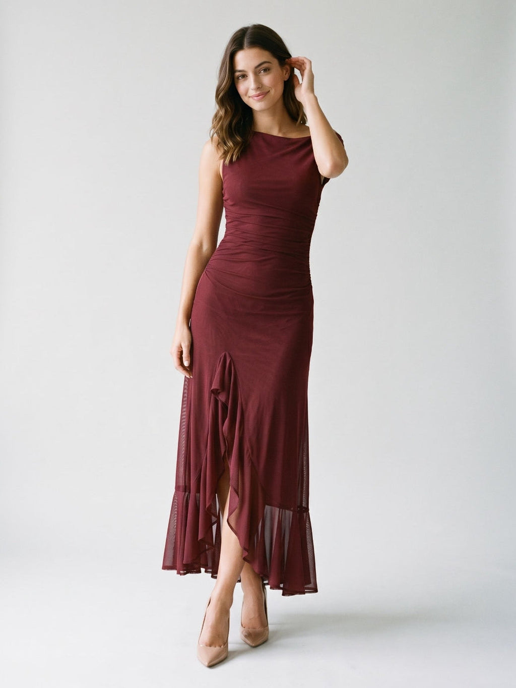 Wine Tulle Trumpet Scoop Neck Side Zip Ankle-Length Evening Dress with Ruffles - Curvevia