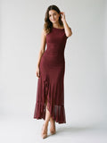Wine Tulle Trumpet Scoop Neck Side Zip Ankle-Length Evening Dress with Ruffles - Curvevia