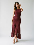 Wine Tulle Trumpet Scoop Neck Side Zip Ankle-Length Evening Dress with Ruffles - Curvevia