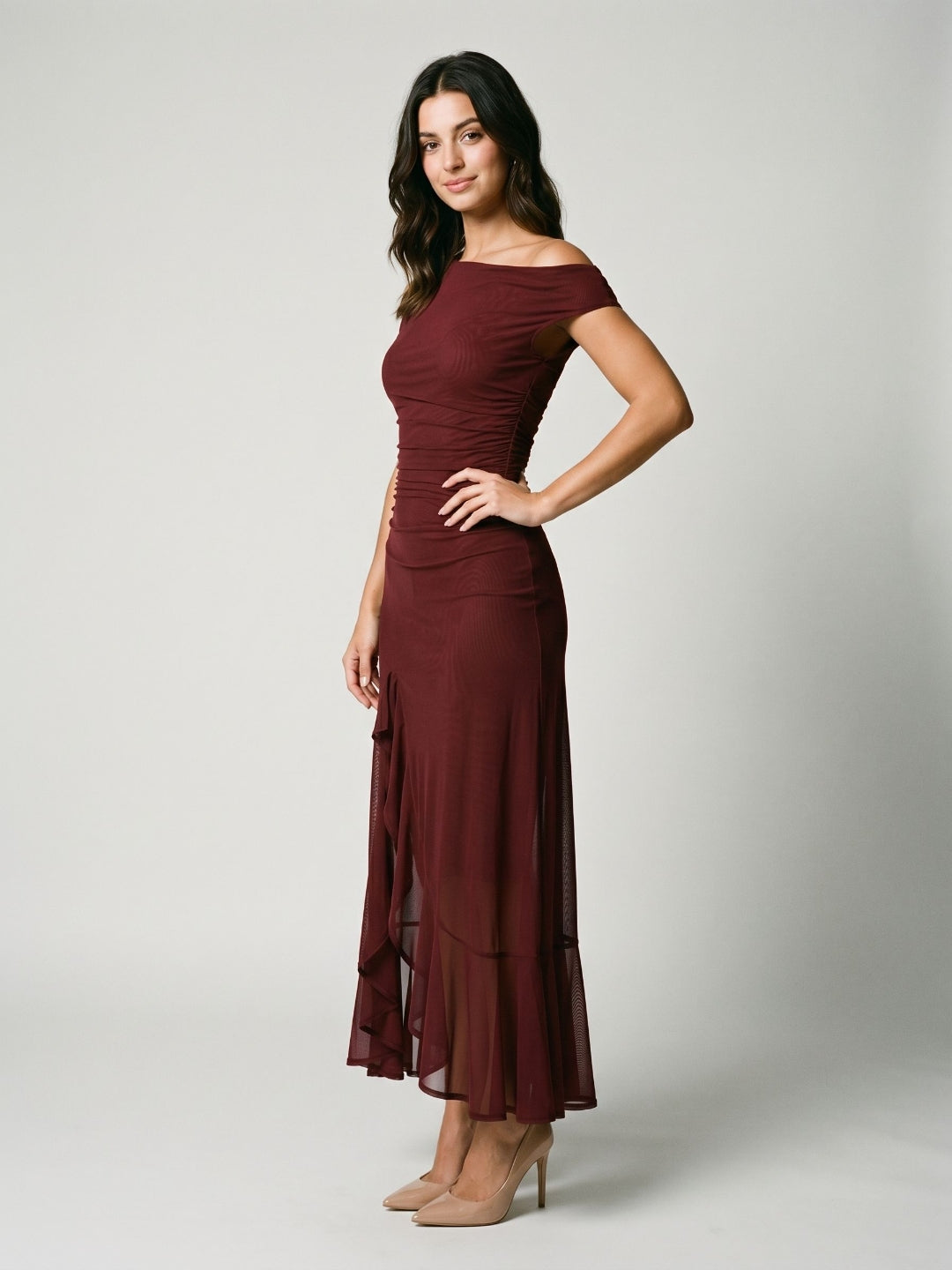 Wine Tulle Trumpet Scoop Neck Side Zip Ankle-Length Evening Dress with Ruffles - Curvevia