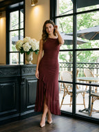 Wine Tulle Trumpet Scoop Neck Side Zip Ankle-Length Evening Dress with Ruffles - Curvevia