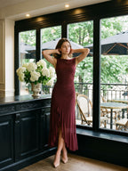 Wine Tulle Trumpet Scoop Neck Side Zip Ankle-Length Evening Dress with Ruffles - Curvevia