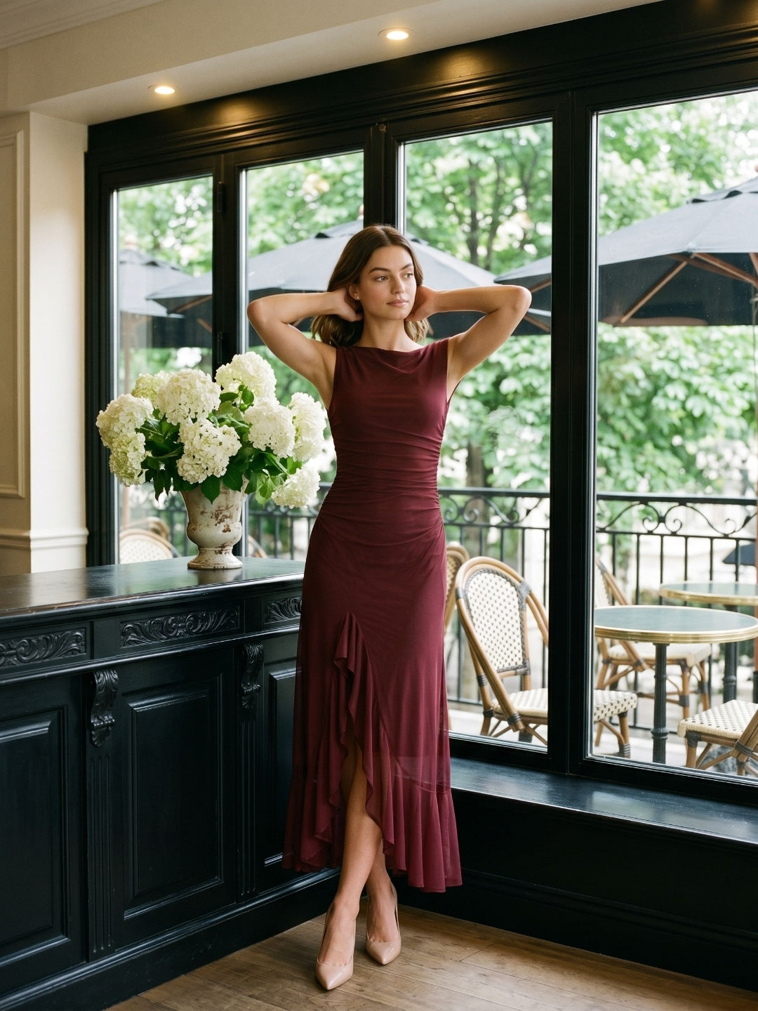 Wine Tulle Trumpet Scoop Neck Side Zip Ankle-Length Evening Dress with Ruffles - Curvevia