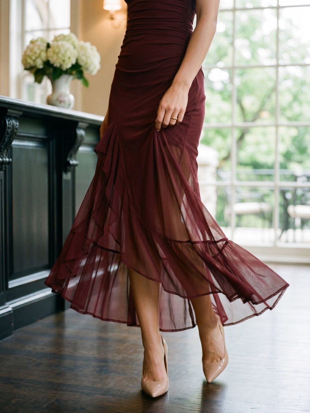 Wine Tulle Trumpet Scoop Neck Side Zip Ankle-Length Evening Dress with Ruffles - Curvevia