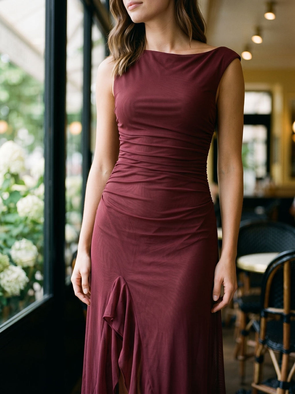 Wine Tulle Trumpet Scoop Neck Side Zip Ankle-Length Evening Dress with Ruffles - Curvevia