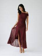 Wine Tulle Trumpet Scoop Neck Side Zip Ankle-Length Evening Dress with Ruffles - Curvevia