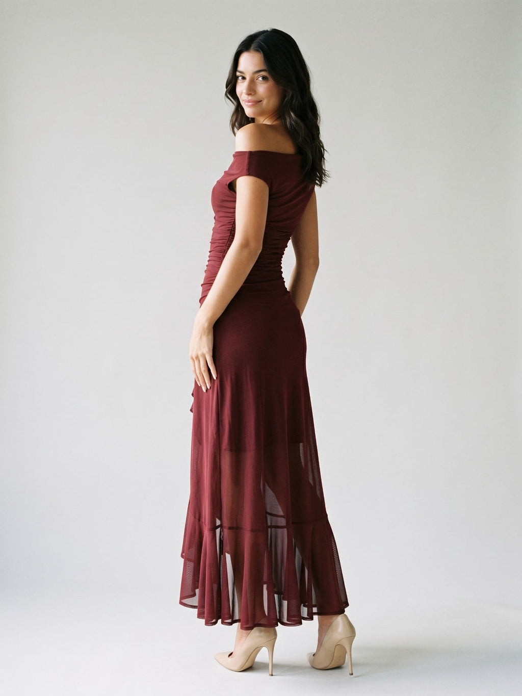 Wine Tulle Trumpet Scoop Neck Side Zip Ankle-Length Evening Dress with Ruffles - Curvevia