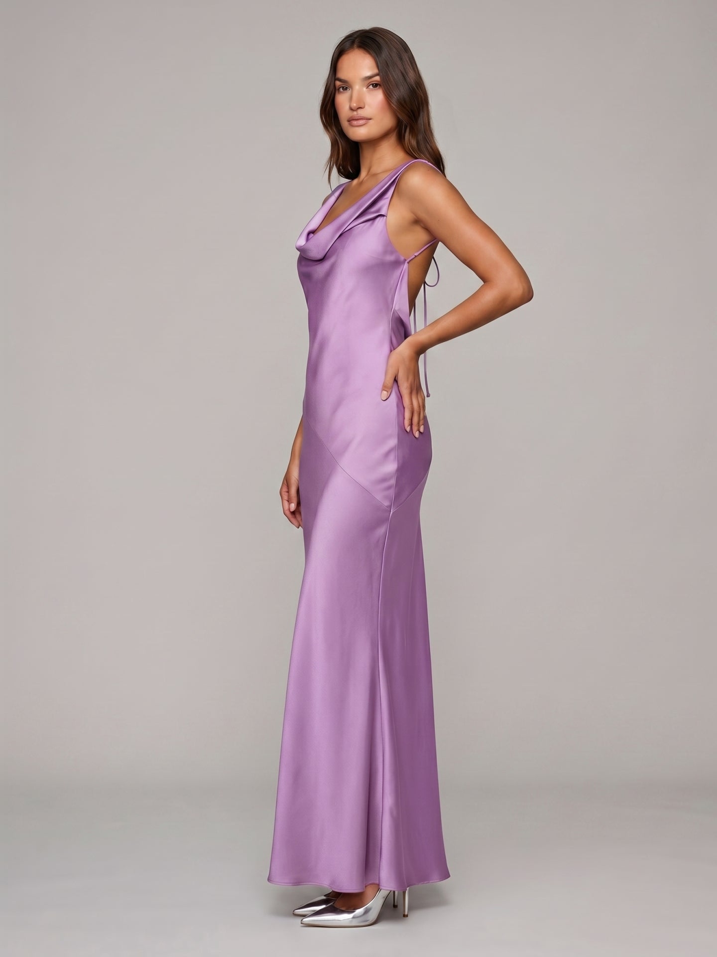 Wisteria Satin Mermaid Cowl Neck Backless Floor-Length Bridesmaid Dress - Curvevia
