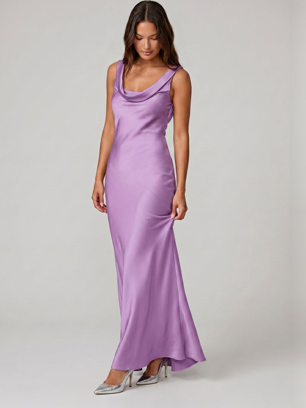 Wisteria Satin Mermaid Cowl Neck Backless Floor-Length Bridesmaid Dress - Curvevia