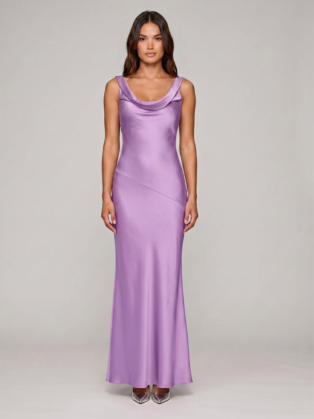 Wisteria Satin Mermaid Cowl Neck Backless Floor-Length Bridesmaid Dress - Curvevia