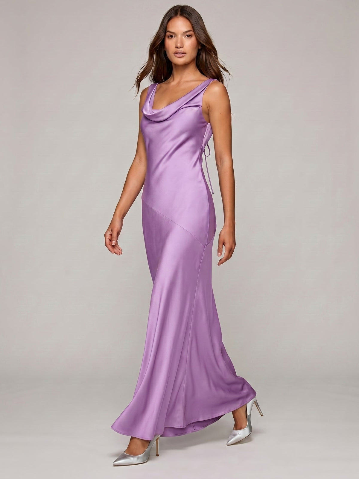 Wisteria Satin Mermaid Cowl Neck Backless Floor-Length Bridesmaid Dress - Curvevia