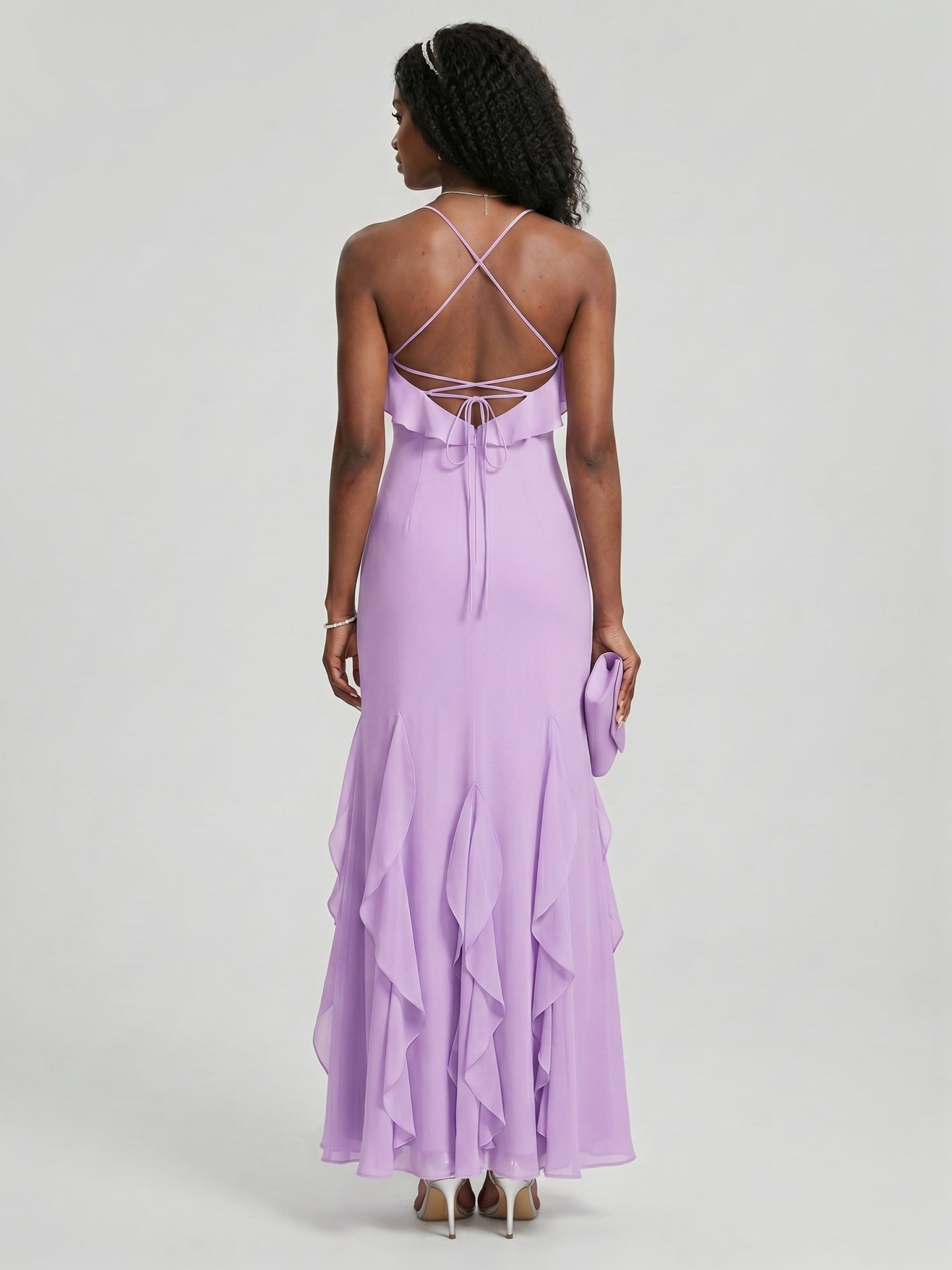 Elegant Wisteria Chiffon Trumpet Halter neckline Ankle-Length Bridesmaid Dress - Curvevia