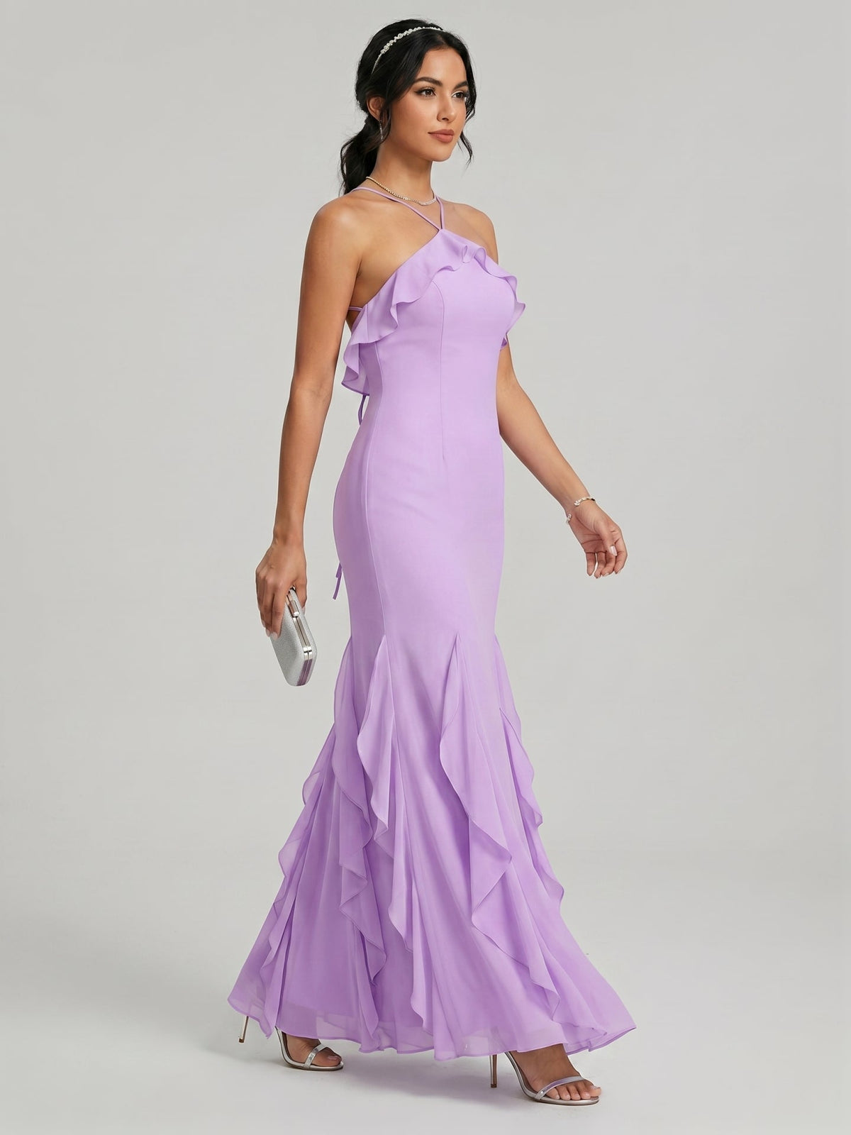 Elegant Wisteria Chiffon Trumpet Halter neckline Ankle-Length Bridesmaid Dress - Curvevia