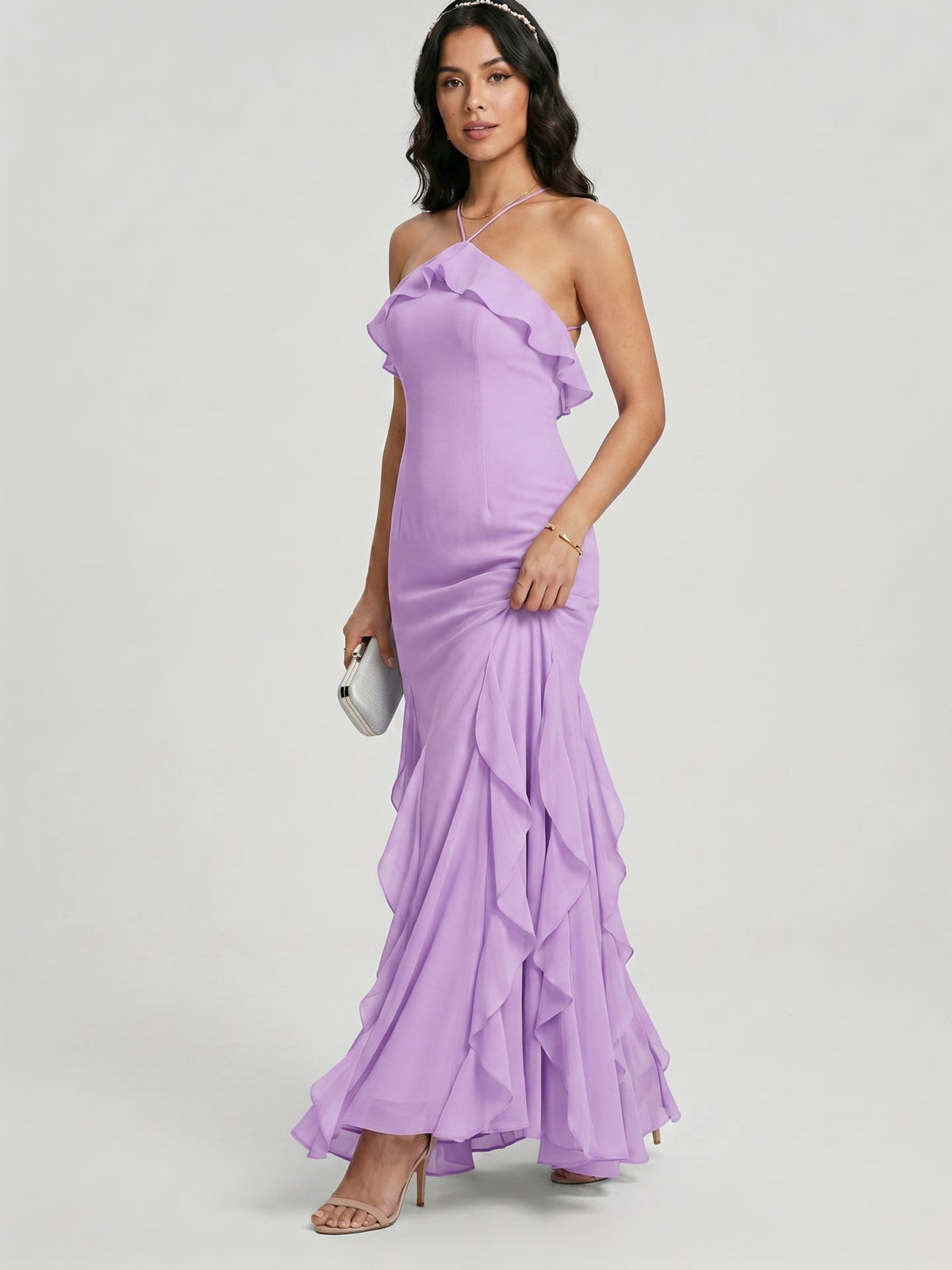 Elegant Wisteria Chiffon Trumpet Halter neckline Ankle-Length Bridesmaid Dress - Curvevia