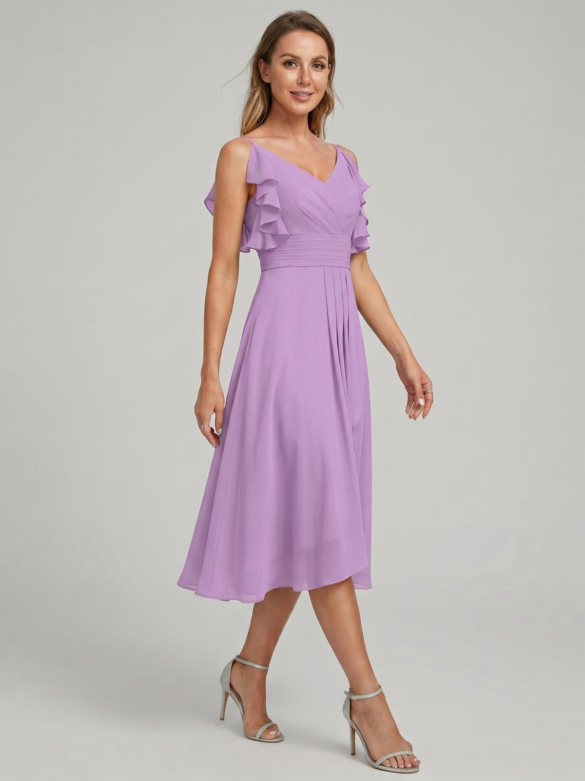 Coquette Wisteria Chiffon A-Line V-Neck V-Back Knee-Length Bridesmaid Dress - Curvevia