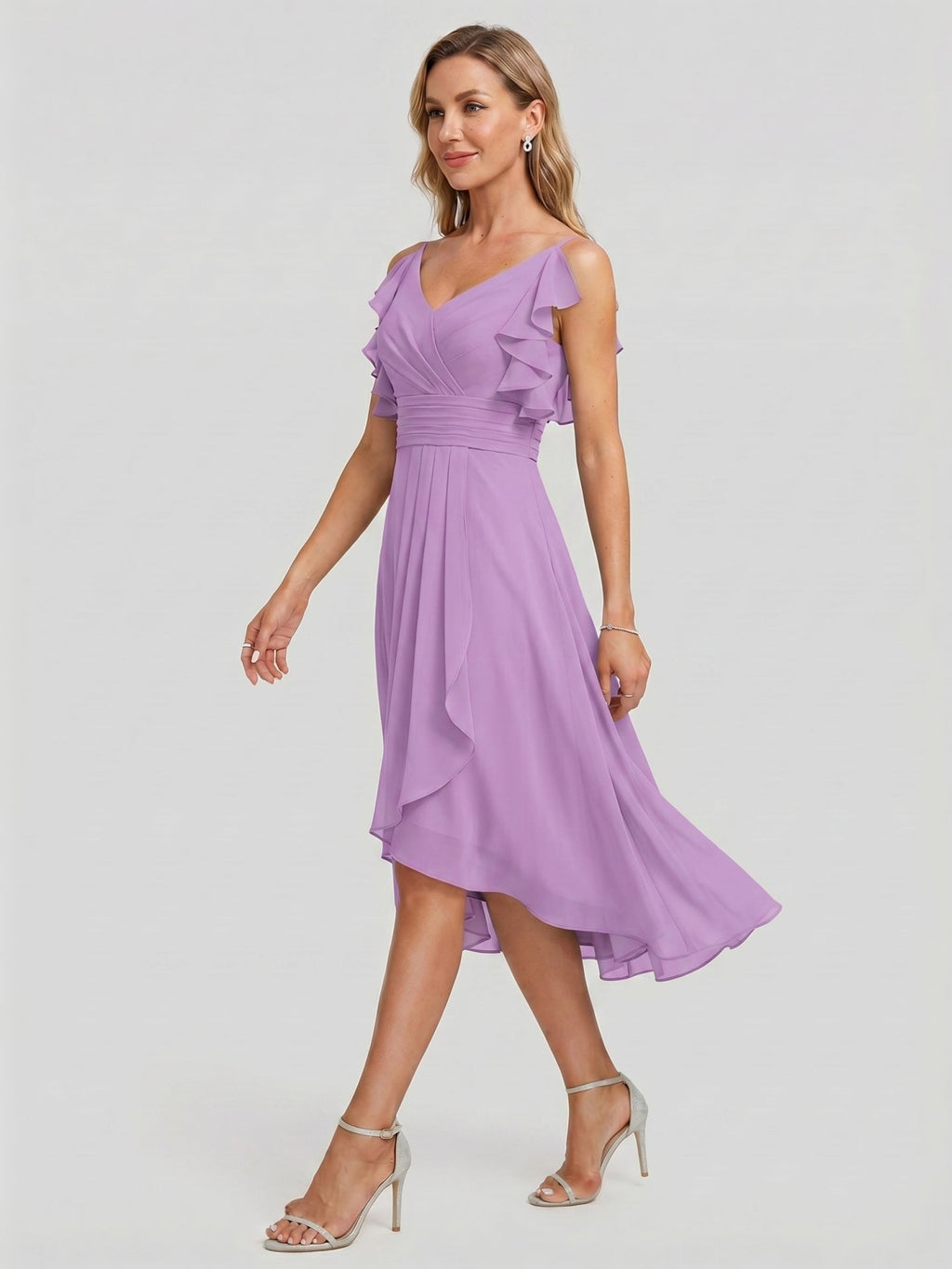 Coquette Wisteria Chiffon A-Line V-Neck V-Back Knee-Length Bridesmaid Dress - Curvevia