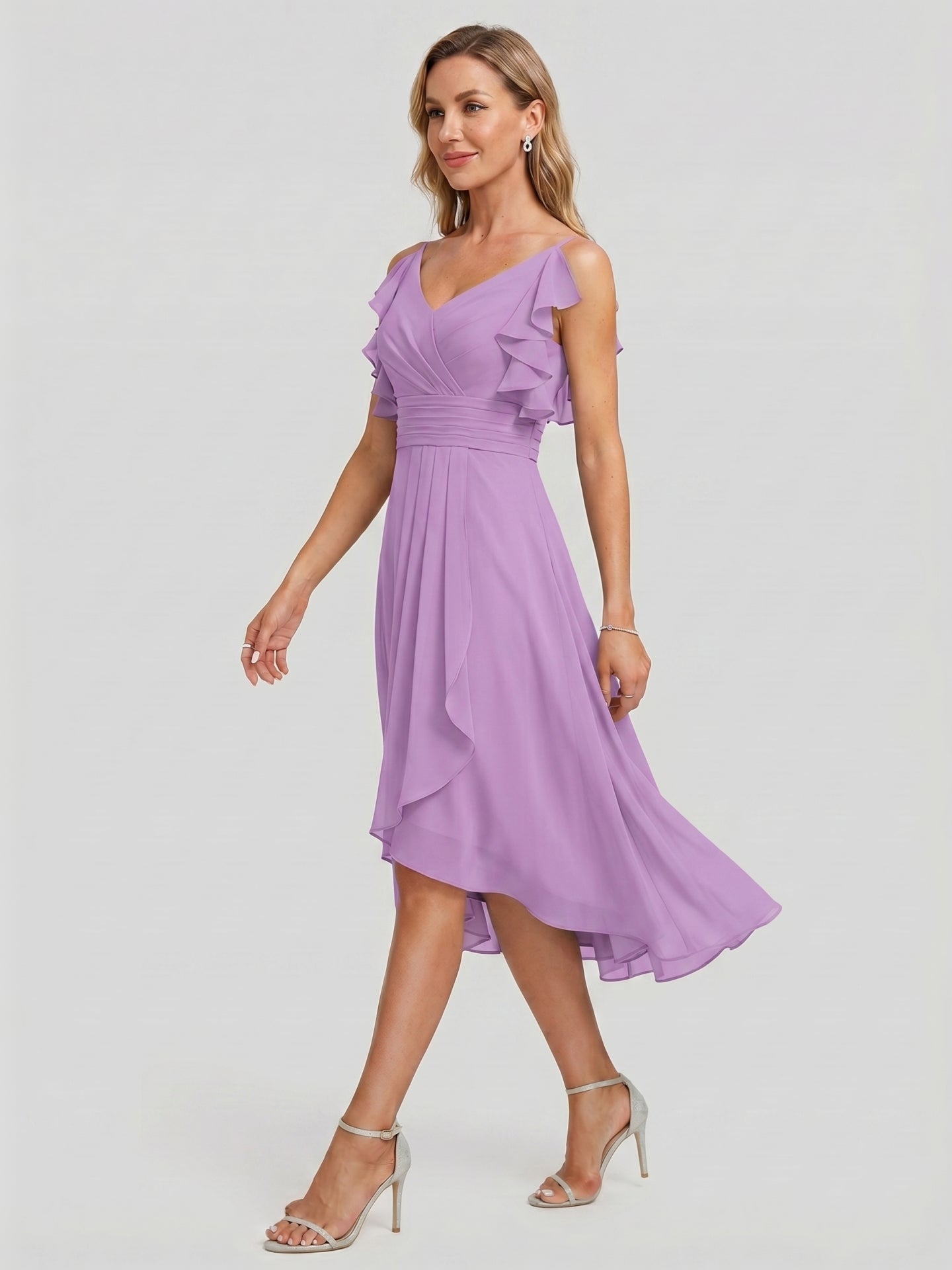 Coquette Wisteria Chiffon A-Line V-Neck V-Back Knee-Length Bridesmaid Dress - Curvevia