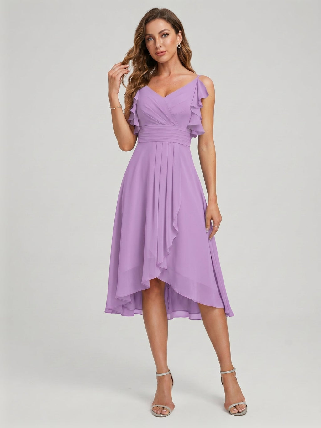 Coquette Wisteria Chiffon A-Line V-Neck V-Back Knee-Length Bridesmaid Dress - Curvevia