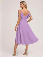 Coquette Wisteria Chiffon A-Line V-Neck V-Back Knee-Length Bridesmaid Dress - Curvevia