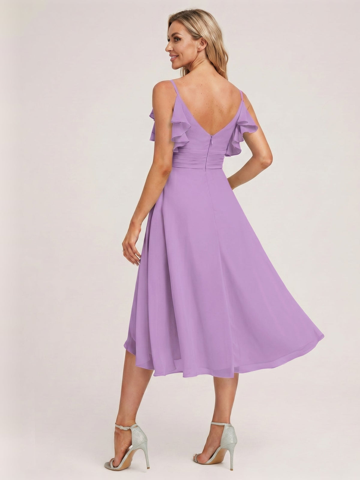 Coquette Wisteria Chiffon A-Line V-Neck V-Back Knee-Length Bridesmaid Dress - Curvevia