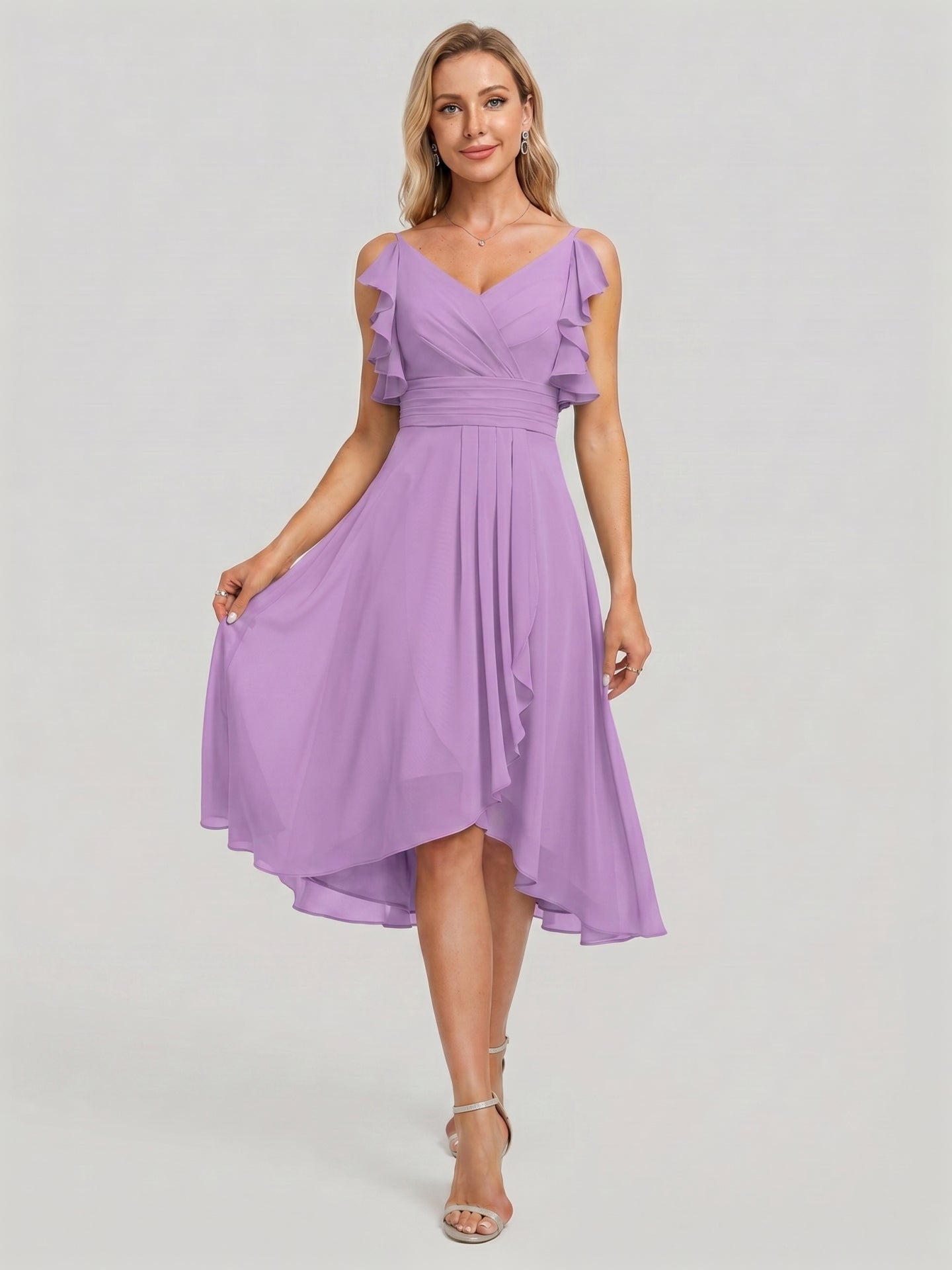 Coquette Wisteria Chiffon A-Line V-Neck V-Back Knee-Length Bridesmaid Dress - Curvevia