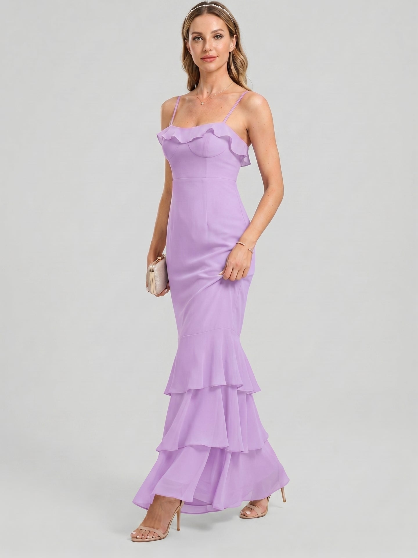 Coquette Wisteria Chiffon mermaid Straight Neck Back Zip Ankle-Length Bridesmaid Dress - Curvevia