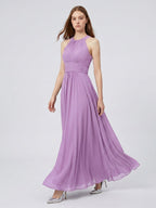 Wisteria Chiffon A-Line Halter Back Zip Floor-Length Bridesmaid Dress - Curvevia