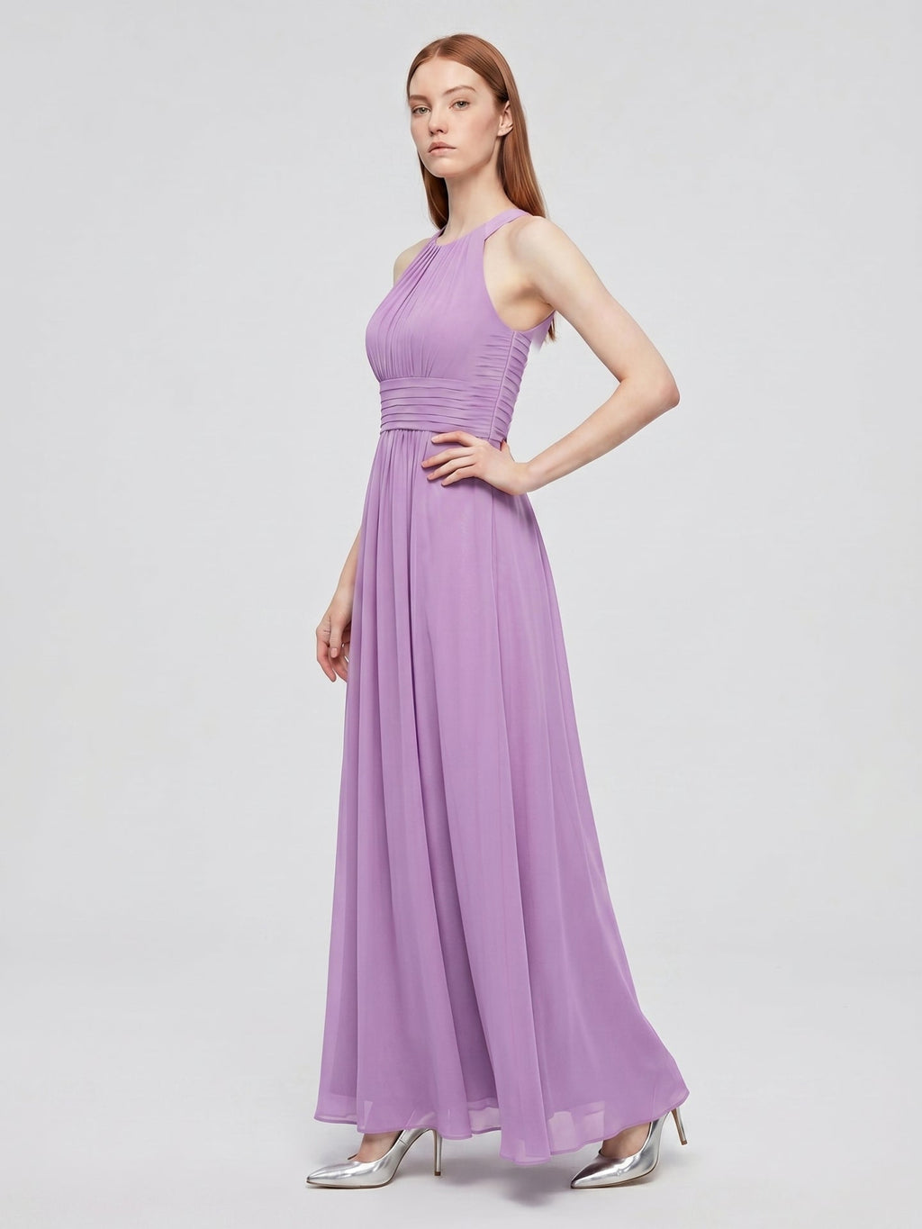 Wisteria Chiffon A-Line Halter Back Zip Floor-Length Bridesmaid Dress - Curvevia