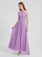 Wisteria Chiffon A-Line Halter Back Zip Floor-Length Bridesmaid Dress - Curvevia