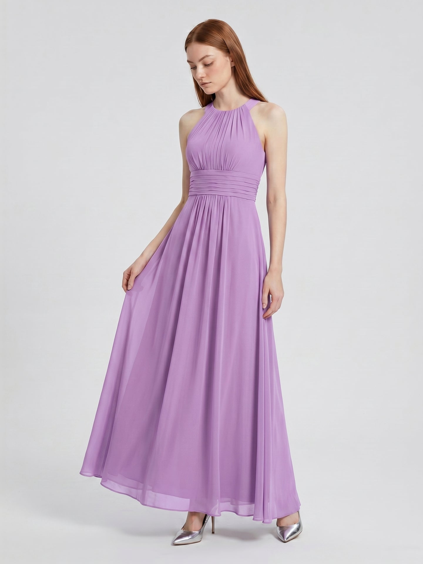 Wisteria Chiffon A-Line Halter Back Zip Floor-Length Bridesmaid Dress - Curvevia