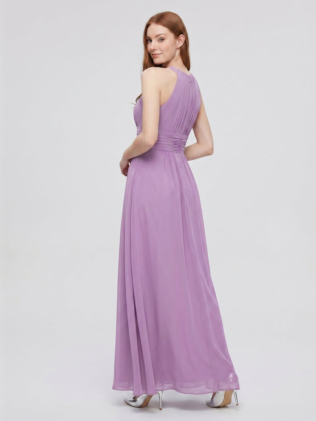 Wisteria Chiffon A-Line Halter Back Zip Floor-Length Bridesmaid Dress - Curvevia