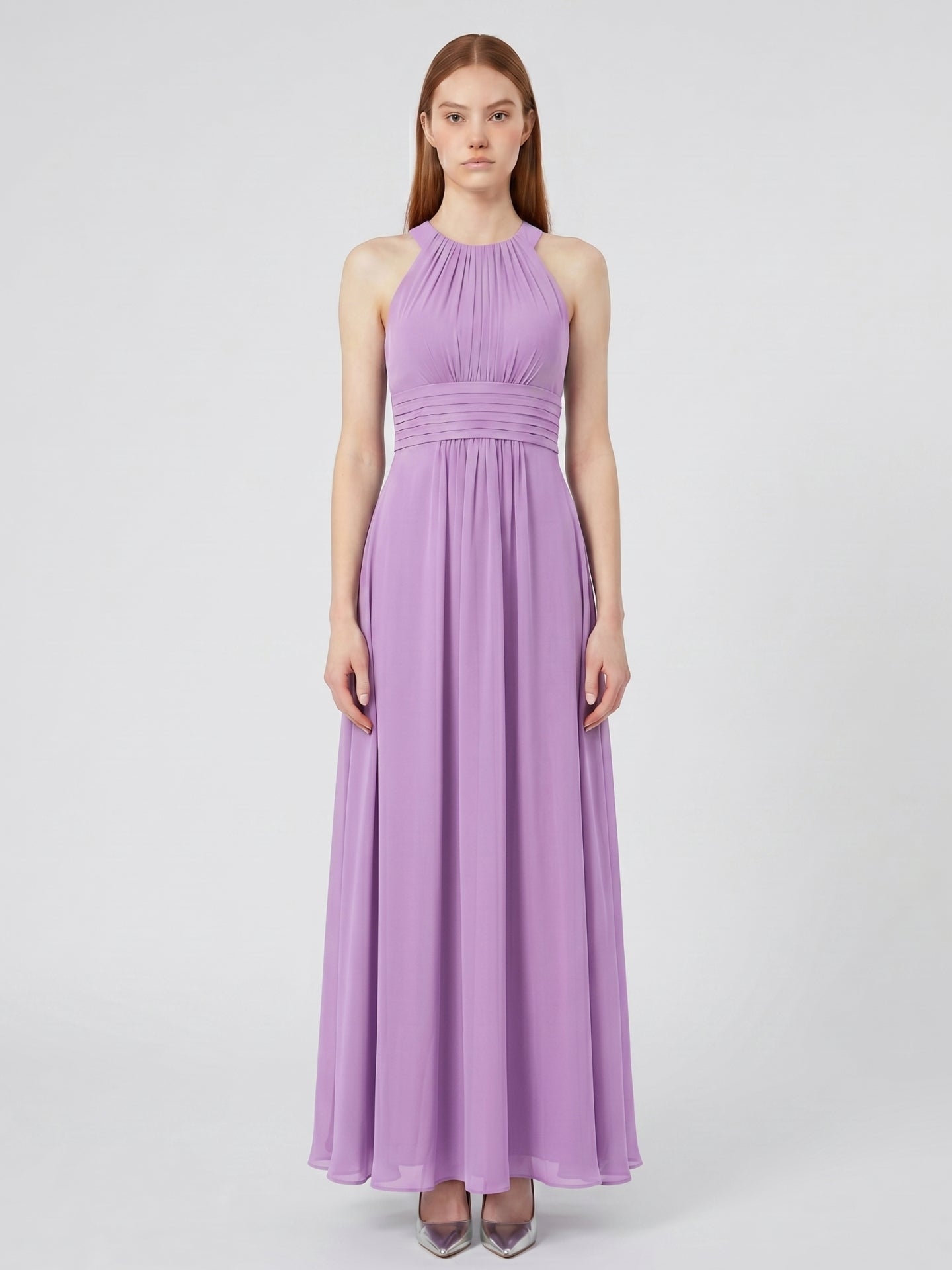 Wisteria Chiffon A-Line Halter Back Zip Floor-Length Bridesmaid Dress - Curvevia