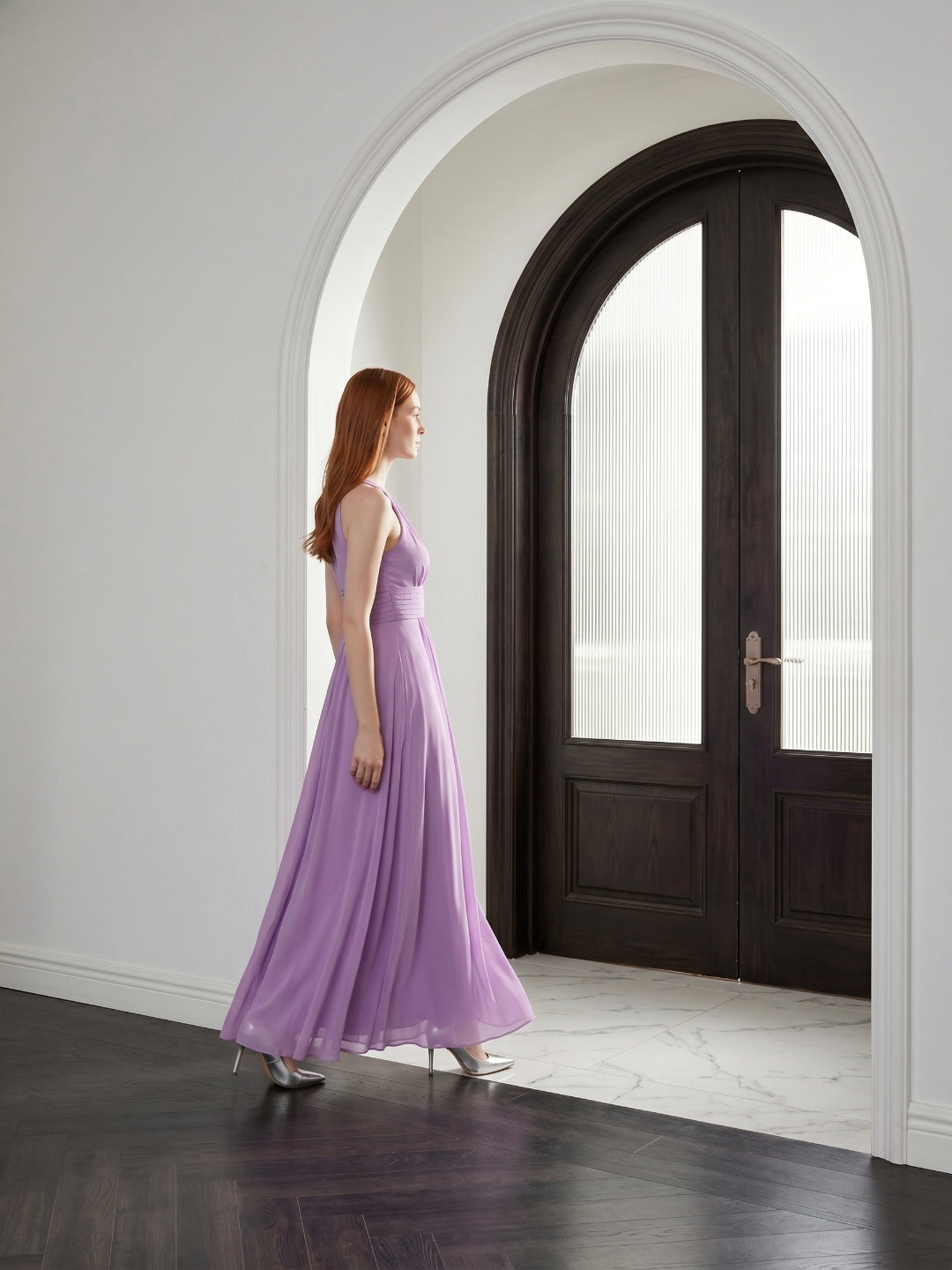 Wisteria Chiffon A-Line Halter Back Zip Floor-Length Bridesmaid Dress - Curvevia