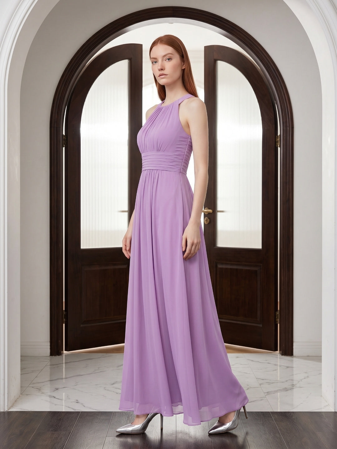 Wisteria Chiffon A-Line Halter Back Zip Floor-Length Bridesmaid Dress - Curvevia