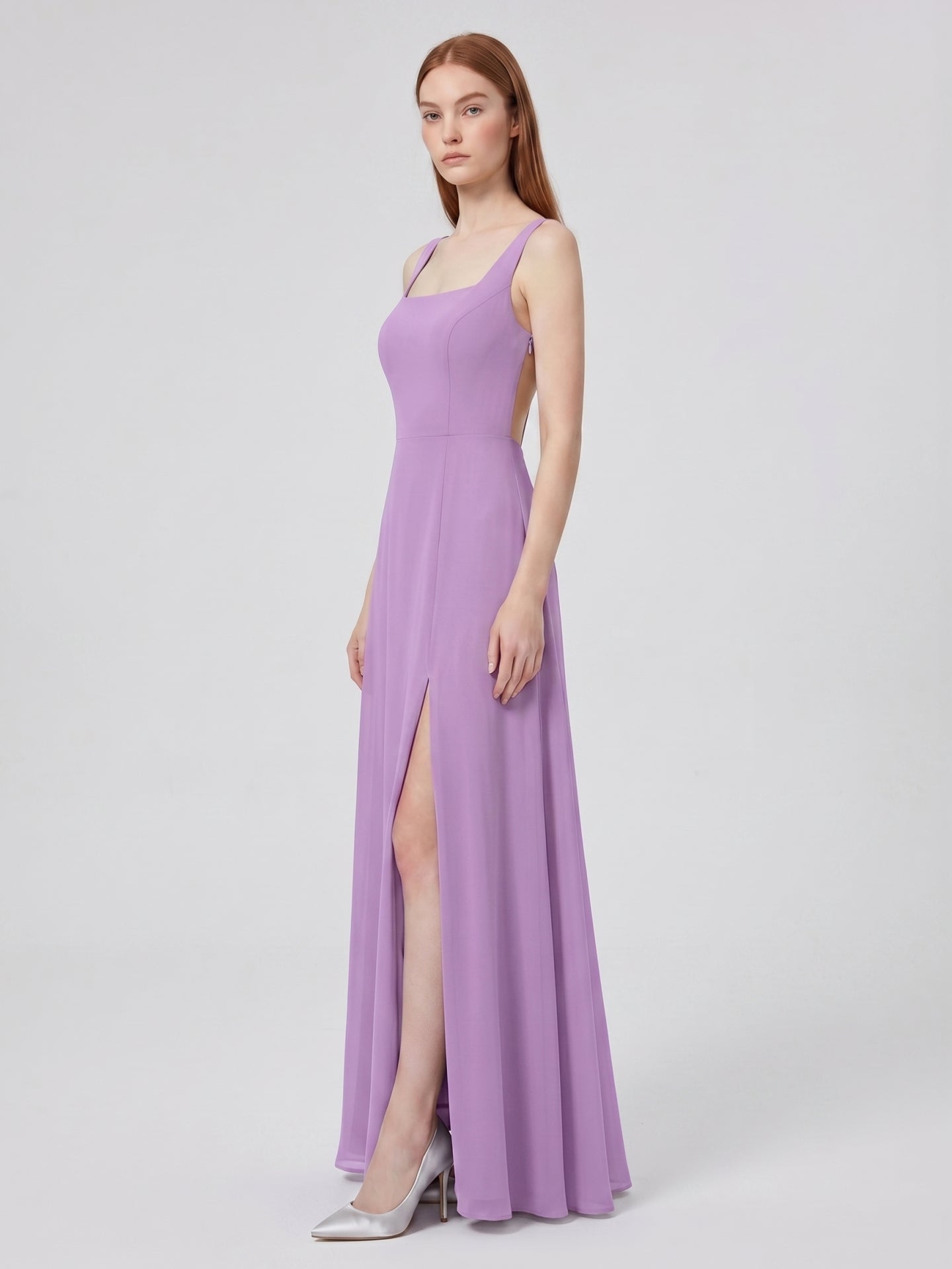Wisteria Chiffon A-Line Square Neck Back Zip Floor-Length Bridesmaid Dress - Curvevia