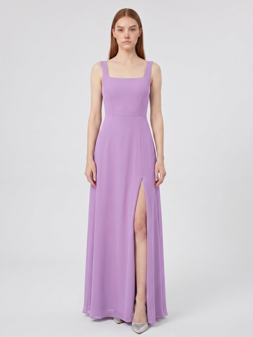 Wisteria Chiffon A-Line Square Neck Back Zip Floor-Length Bridesmaid Dress - Curvevia