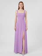 Wisteria Chiffon A-Line Square Neck Back Zip Floor-Length Bridesmaid Dress - Curvevia