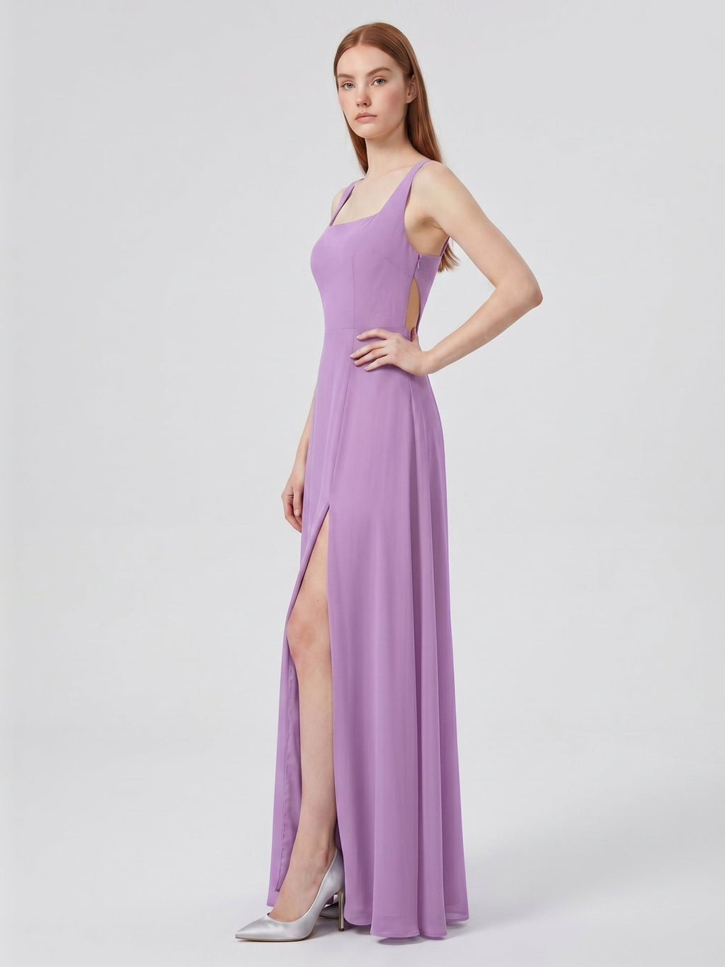 Wisteria Chiffon A-Line Square Neck Back Zip Floor-Length Bridesmaid Dress - Curvevia
