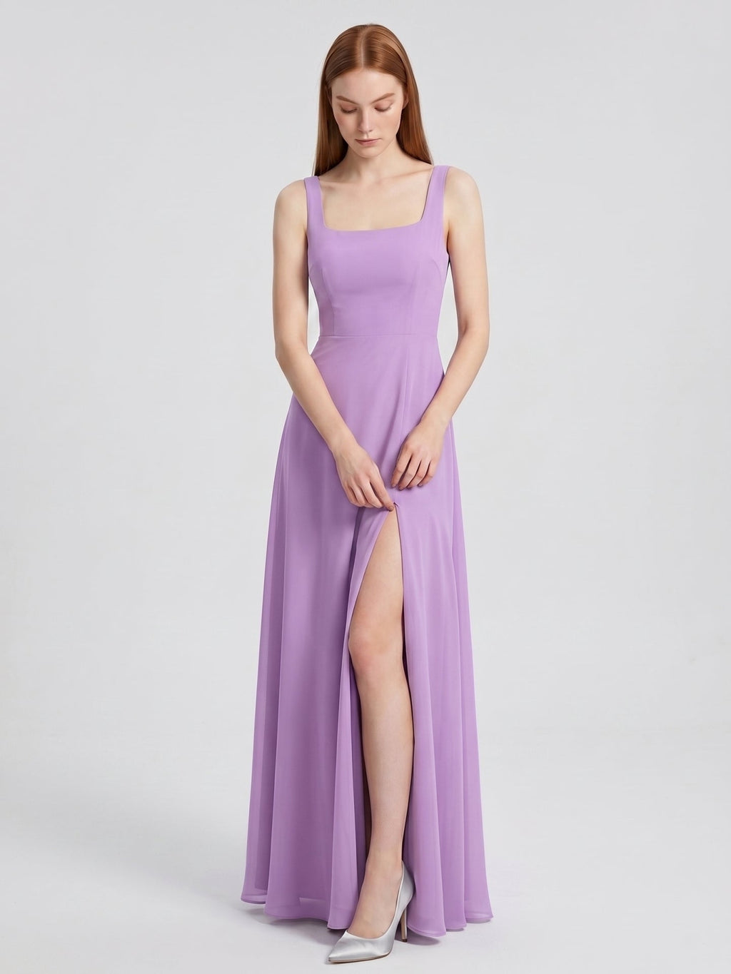 Wisteria Chiffon A-Line Square Neck Back Zip Floor-Length Bridesmaid Dress - Curvevia